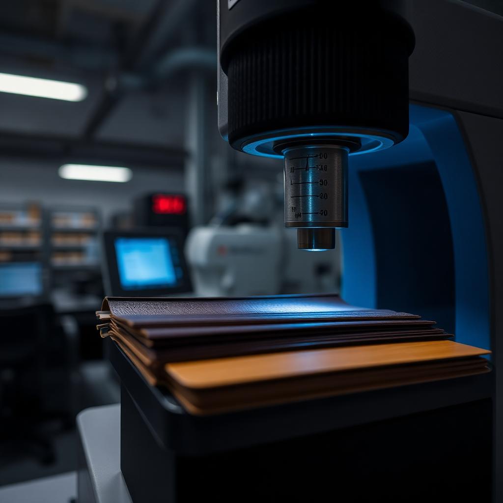 Spectrophotometer measuring leather color swatches
